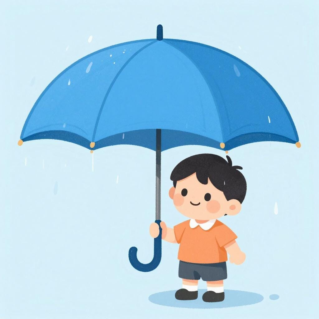 Ein großer, bunter Regenschirm, gehalten von einem Erwachsenen, der ein kleines Kind vor leichtem Regen schützt.