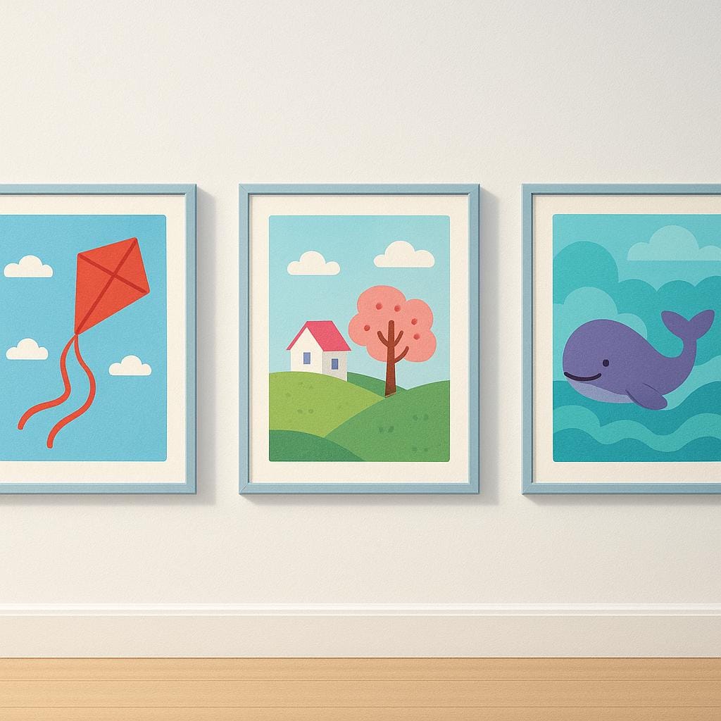 Eine Reihe bunter Gemälde an einer Galeriewand, die beobachtet werden.