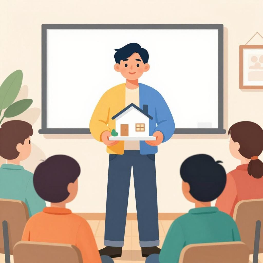 한 사람이 자신감 있게 서서 작은 청중에게 보여주기 위해 집의 작고 다채로운 모형을 들고 있는 모습.