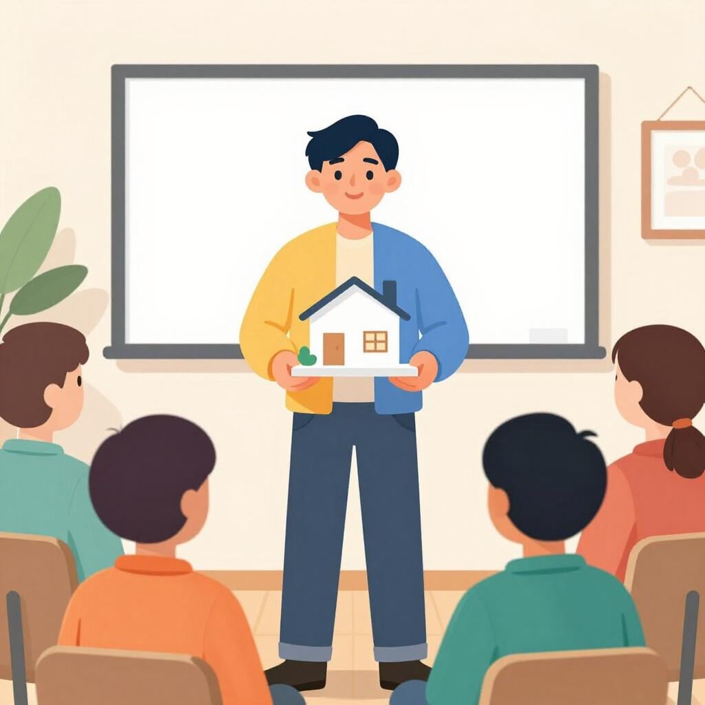 A person standing confidently and holding up a small, colorful model of a house to show to a small audience.