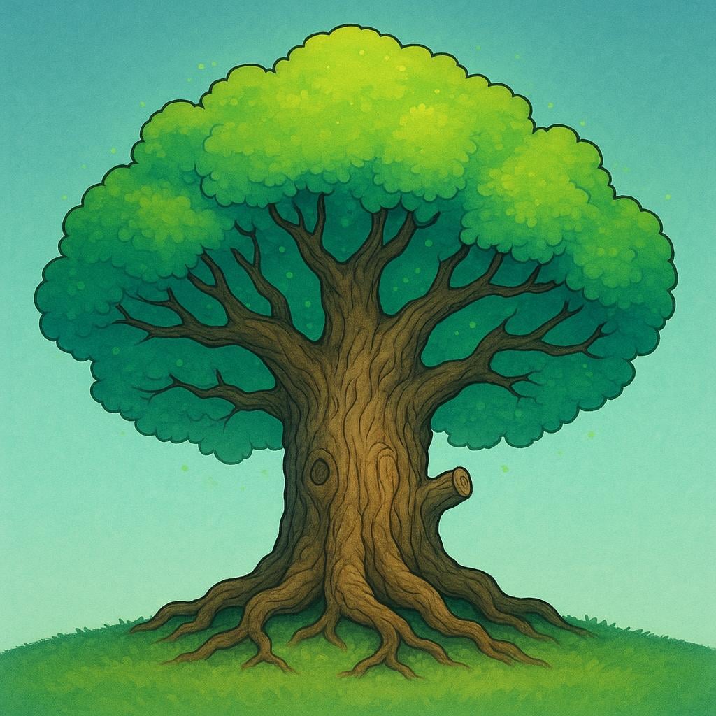 A drawing of an ancient, robust tree with vibrant, glowing green leaves and deep roots, symbolizing eternal life and endless growth.