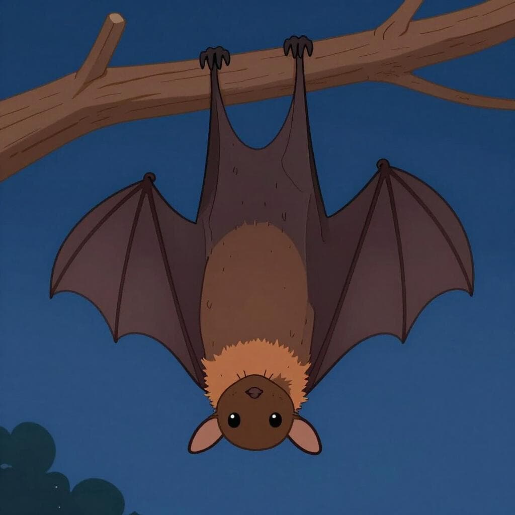 Une chauve-souris brune amicale avec de grandes ailes suspendue à l'envers à une branche d'arbre.