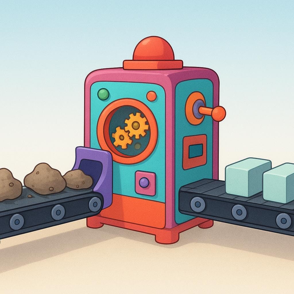 A simple industrial scene showing a conveyor belt carrying raw, lumpy material into a large, colorful machine, and finished, uniform blocks exiting the other side.