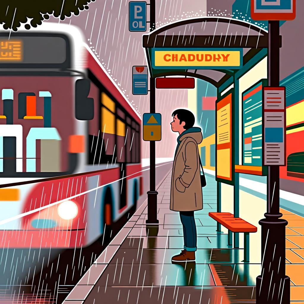 A person waiting for a bus in the rain, illustrating the idea of 'still' waiting for something that hasn't happened yet.