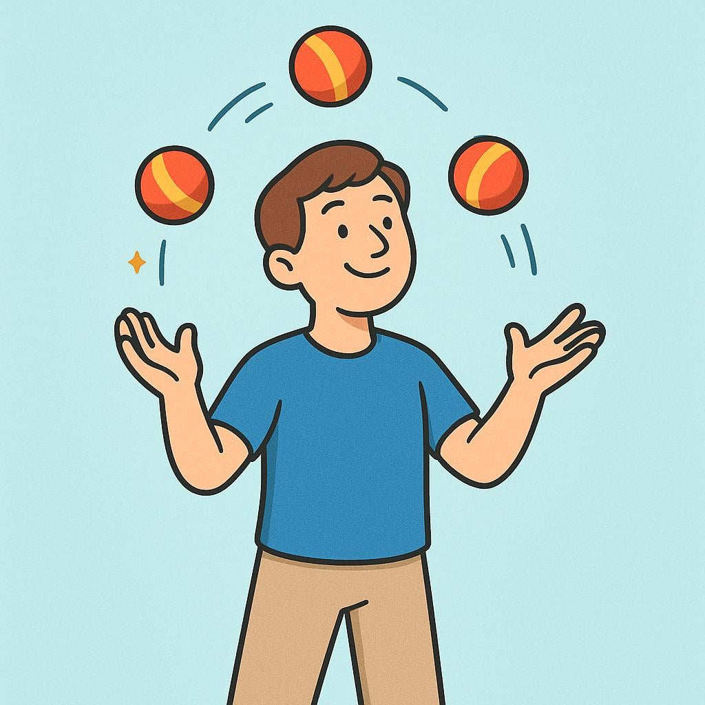 A smiling person skillfully juggling three brightly colored balls perfectly, showing exceptional talent.