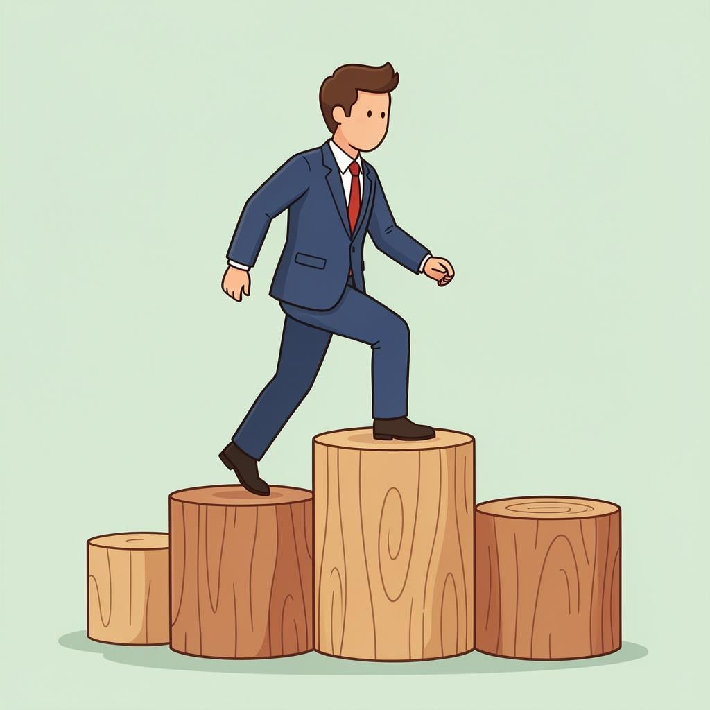 A person in a suit stepping up onto a higher wooden block, looking forward.