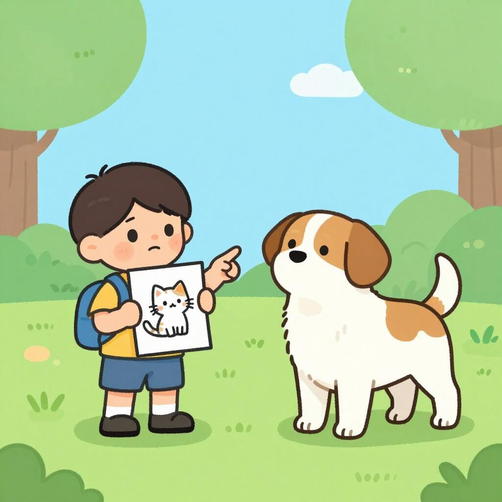 A child looks confused while looking at a drawing of a cat, while another child points at a real dog nearby.