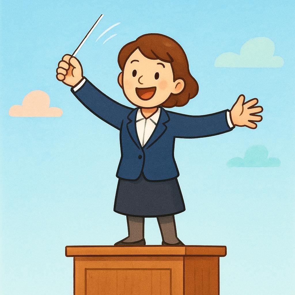 A person standing on a small podium, passionately conducting an orchestra using a thin white baton.