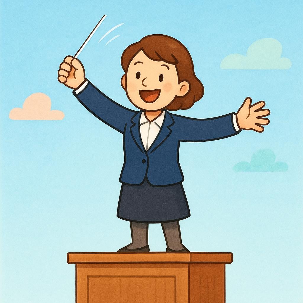 A person standing on a small podium, passionately conducting an orchestra using a thin white baton.