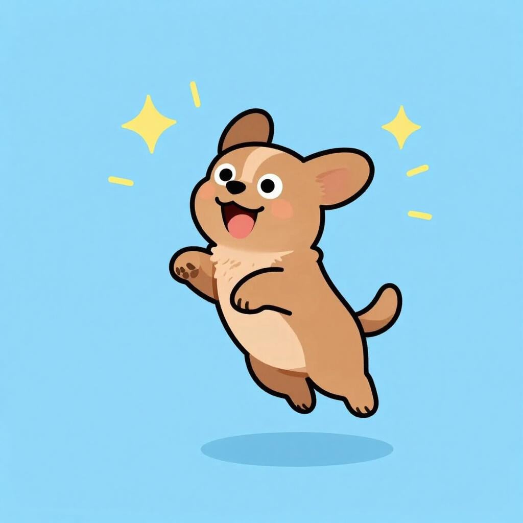 A colorful storybook illustration of a small dog jumping high in the air with big eyes and a happy expression.