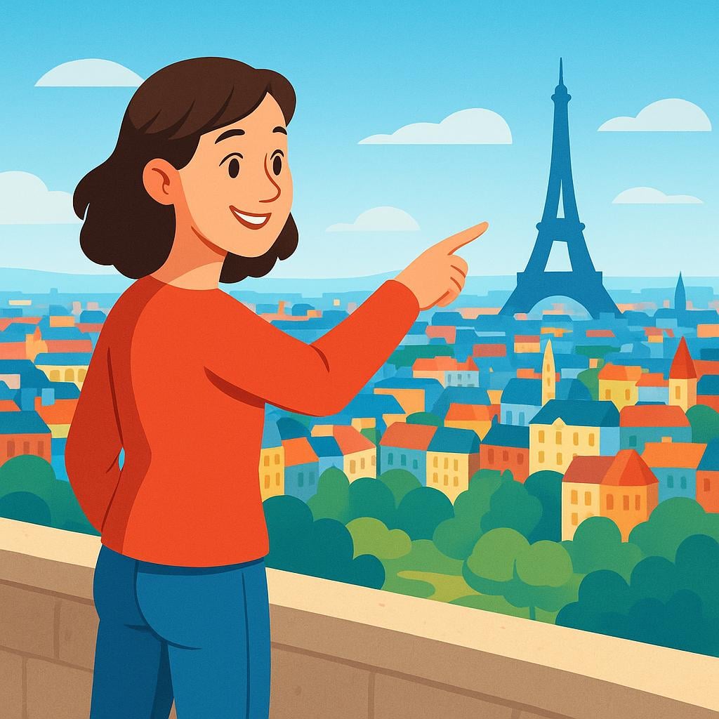 A friendly woman standing on a hill overlooking a vast, colorful, detailed city skyline, pointing confidently at a specific landmark, showing she knows the location well.