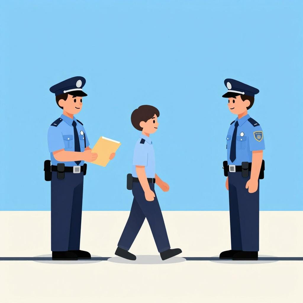 An illustration of two officials from different countries standing at a border, with one official handing a folder to the other while a person stands nearby.