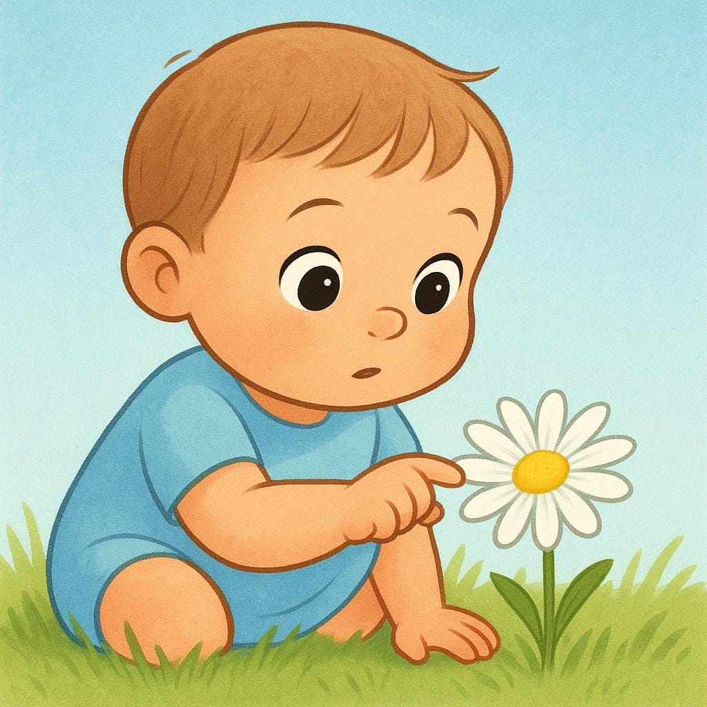 A small toddler with wide, curious eyes gently reaching out to touch the petals of a single, perfect white daisy, emphasizing naivety.