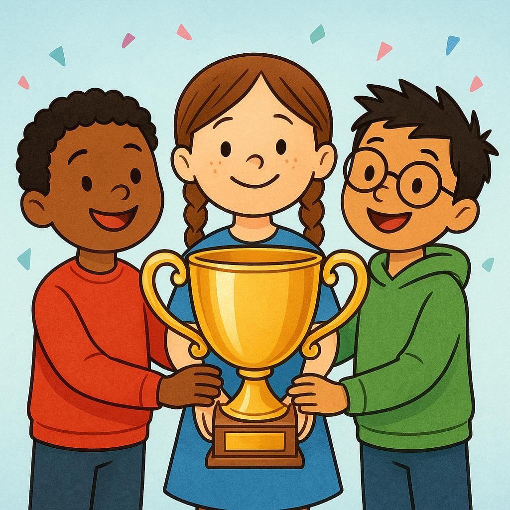 Eine farbenfrohe Illustration, die drei fröhliche, einfache Bilderbuchfiguren zeigt, die zusammenstehen, während ihnen eine große, glänzende goldene Trophäe überreicht wird, was eine gemeinsame Belohnung oder Verdienst symbolisiert.