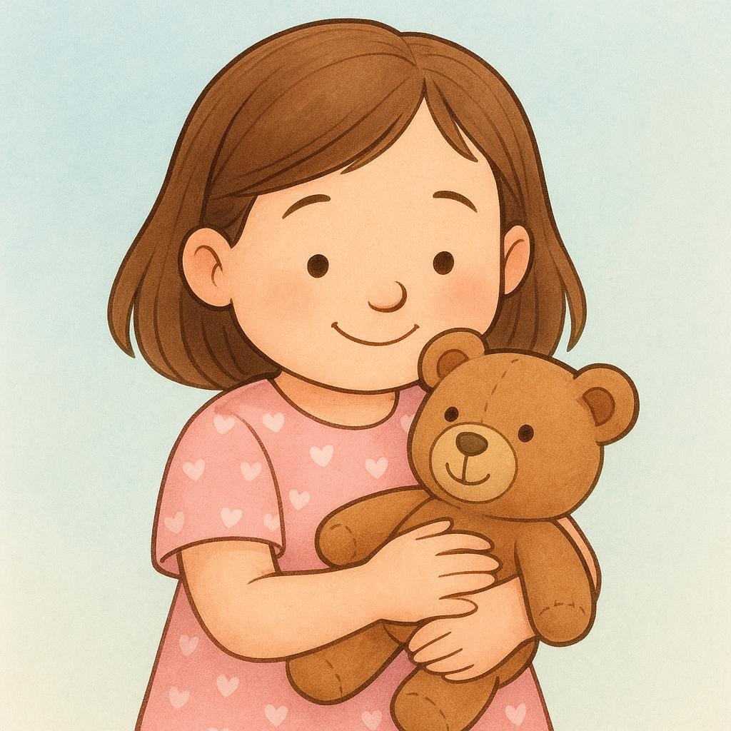 A small girl with a gentle smile lovingly holding a plush teddy bear close to her chest, showing affection.