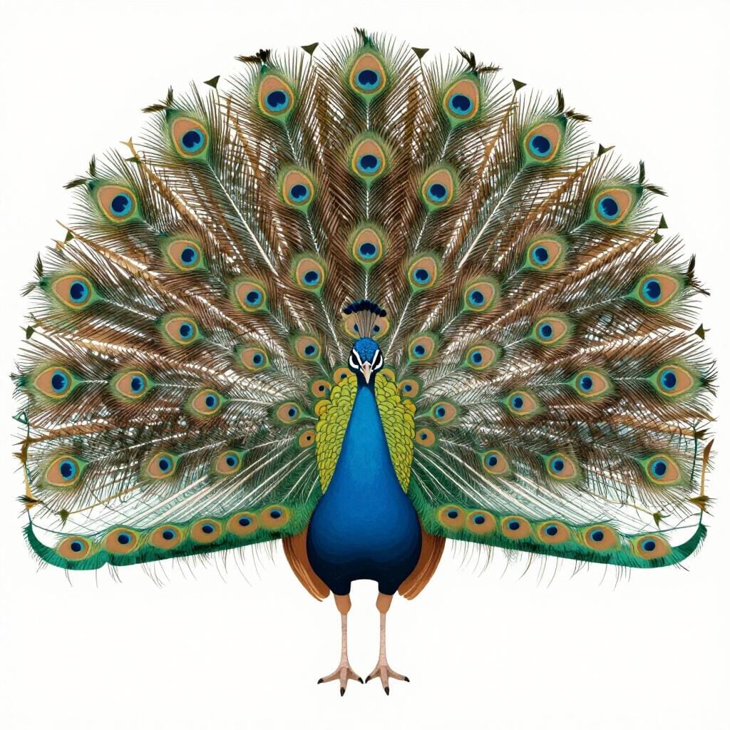 A peacock with its colorful feathers fanned out, standing tall.