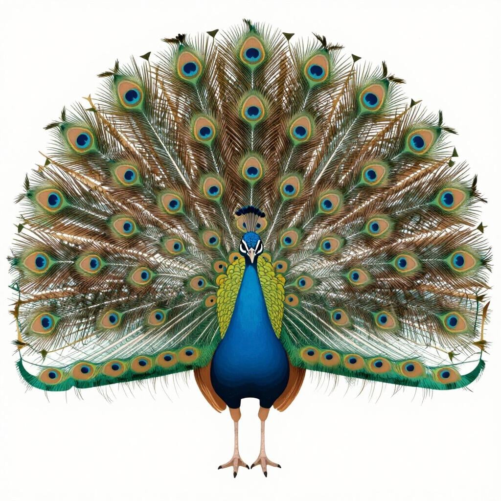 A peacock with its colorful feathers fanned out, standing tall.