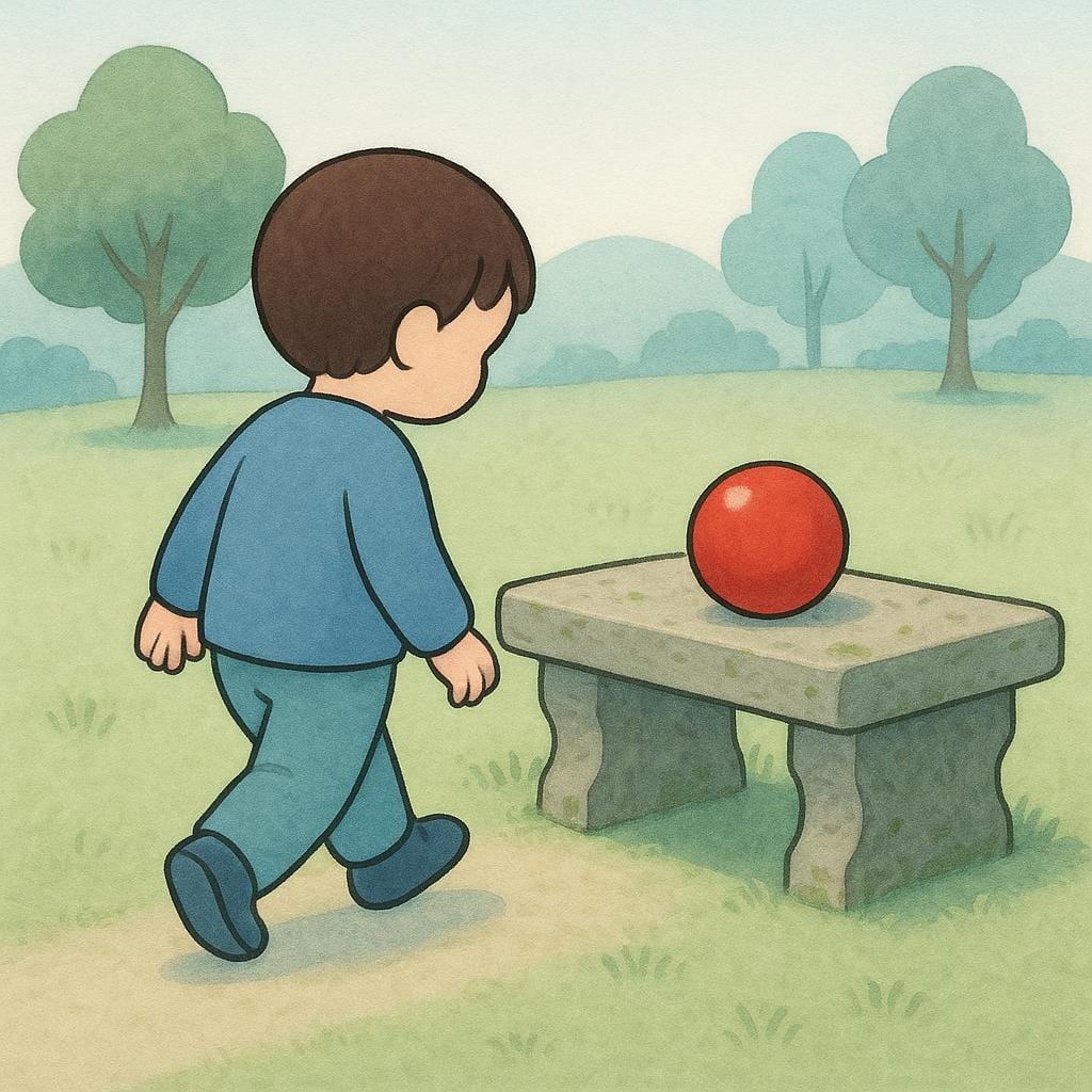 石のベンチの上に置かれた赤いボールから立ち去る子供の絵本風のイラスト。過去の習慣的な動作として物を置き去りにする様子を描写している。