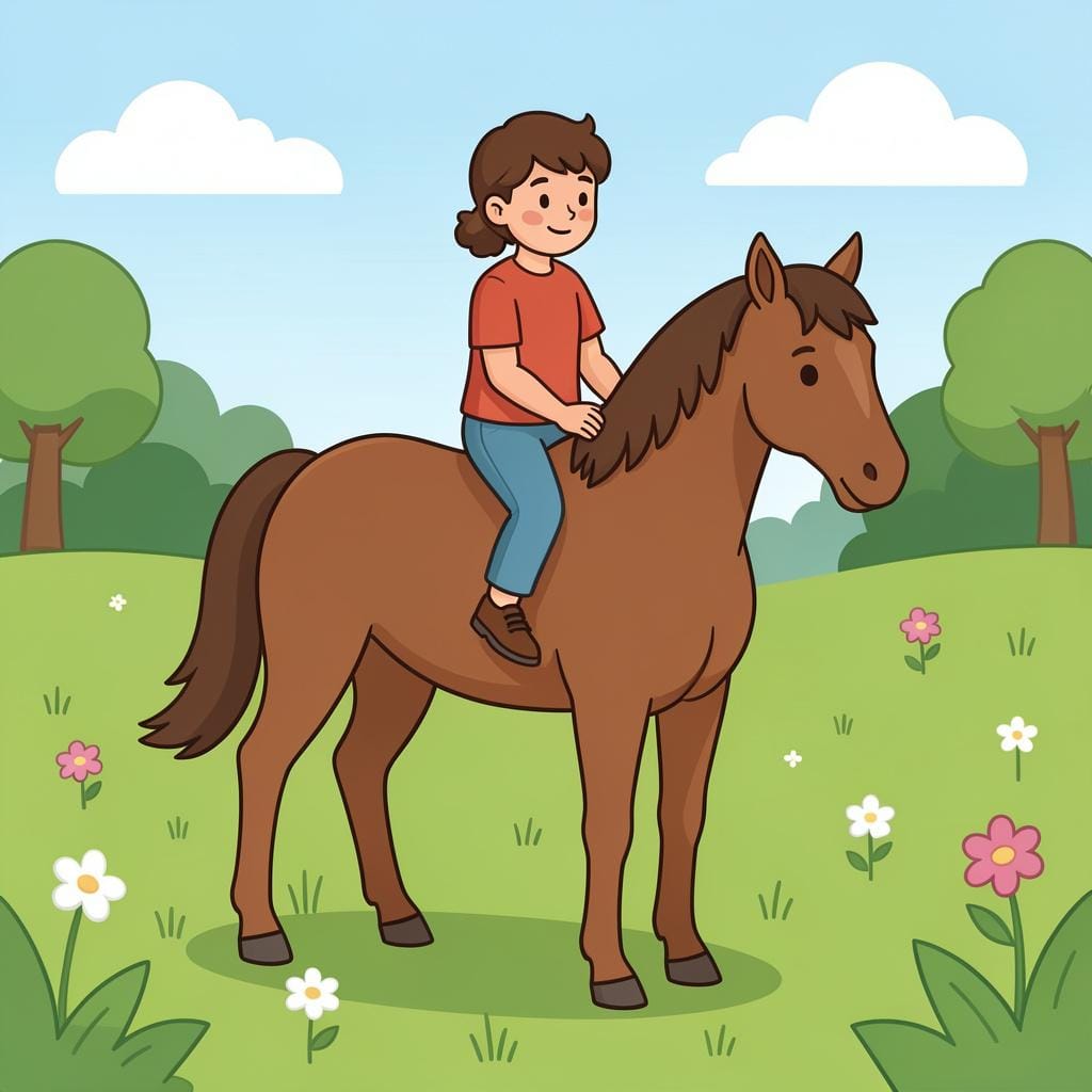 A person sitting on a brown horse, holding the reins.