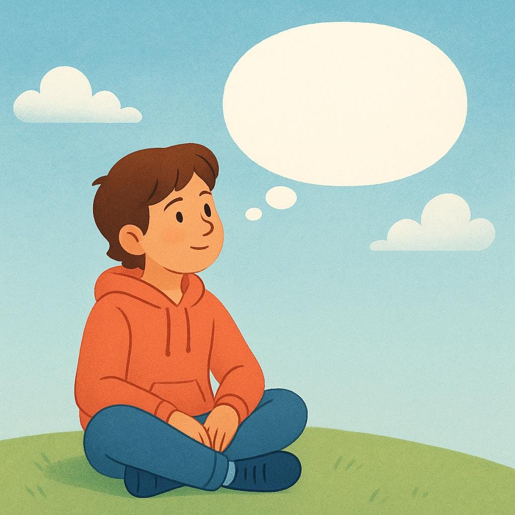 Una figura in stile cartone animato con un'espressione pensierosa è seduta su uno sgabello, una nuvoletta di pensiero semplice e vuota fluttua sopra la sua testa, a simboleggiare il pensiero attivo.