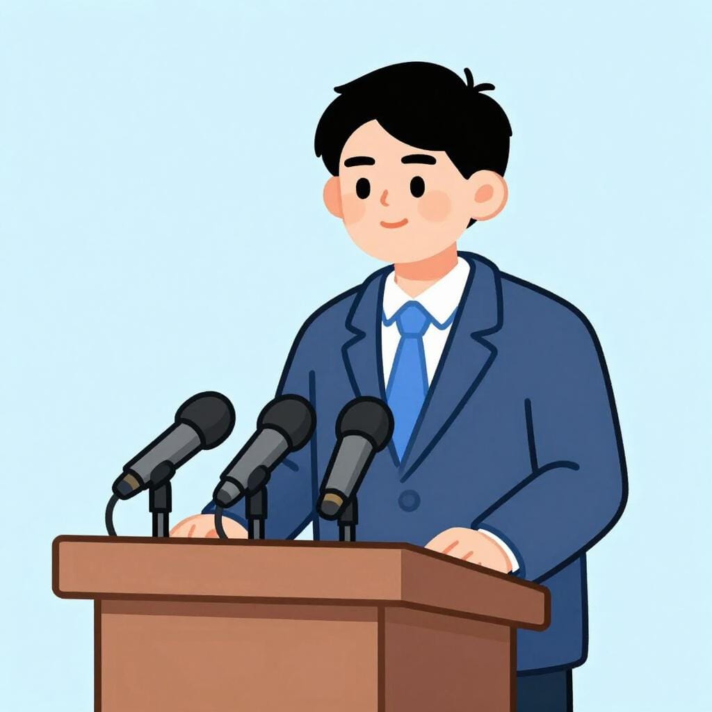여러 개의 마이크가 달린 나무 연단 뒤에 서 있는 사람.
