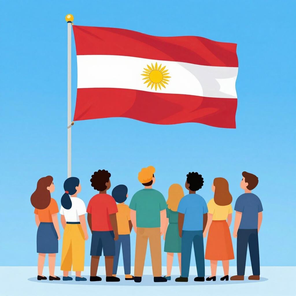 Um grupo de pessoas diversas em pé juntas com as mãos sobre o coração, olhando para uma bandeira nacional a acenar.