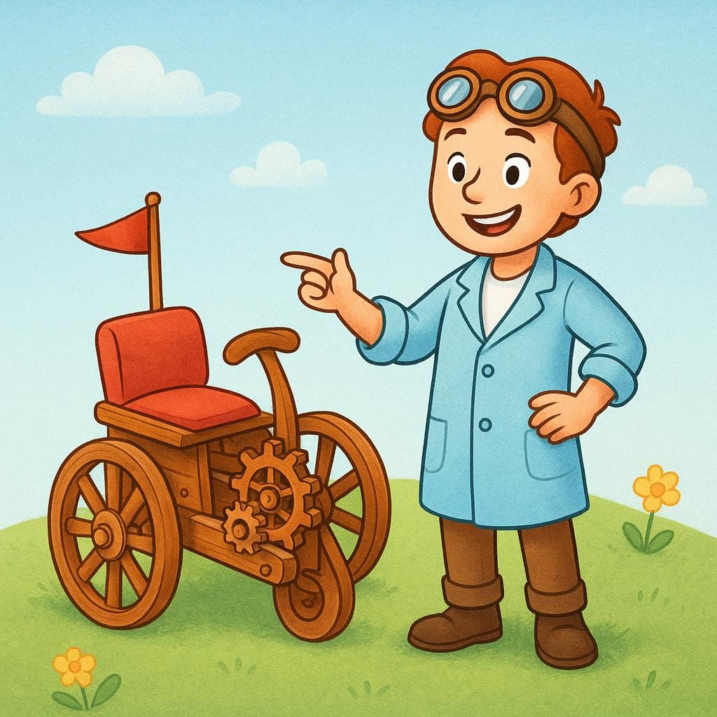 A happy inventor wearing goggles standing next to a unique, newly created wooden machine with wheels, symbolizing something that has been 'invented.'