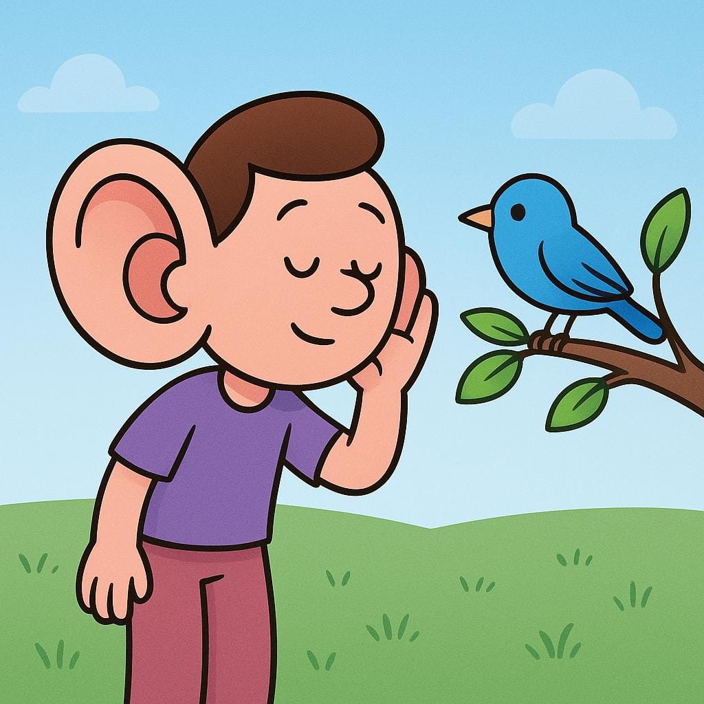 大きな耳をした親しみやすい漫画のキャラクターが屋外に立ち、近くの枝でさえずる小鳥の微かな音に熱心に耳を傾けるために片手を耳の後ろに当てている様子。