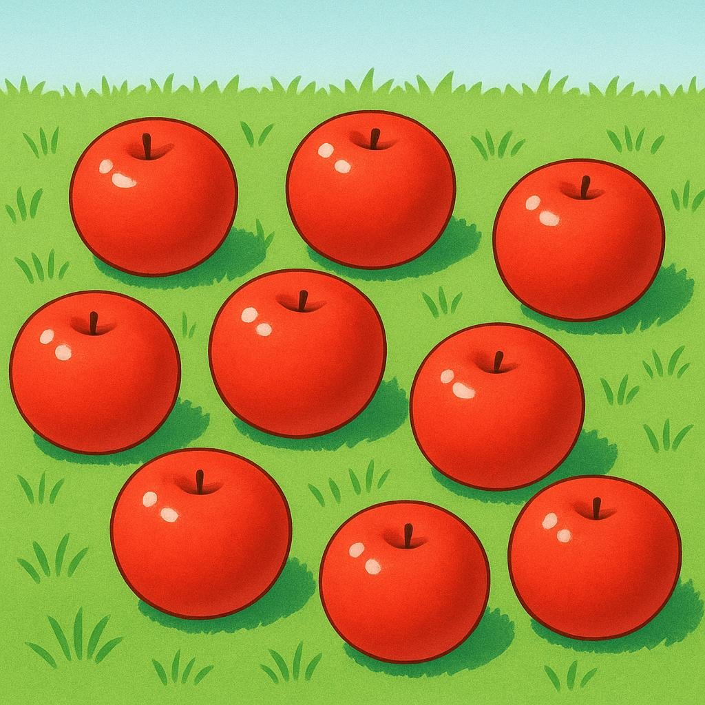 An illustration showing exactly eight perfectly round red apples sitting on a grassy surface, representing the quantity 'eight'.