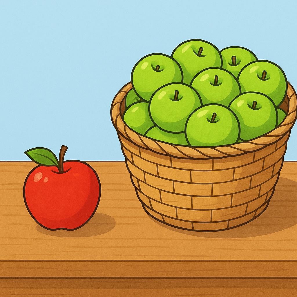 A single, bright red apple is sitting on a simple surface, slightly separated from a large group of identical green apples in a wicker basket, demonstrating an example used to illustrate a point.