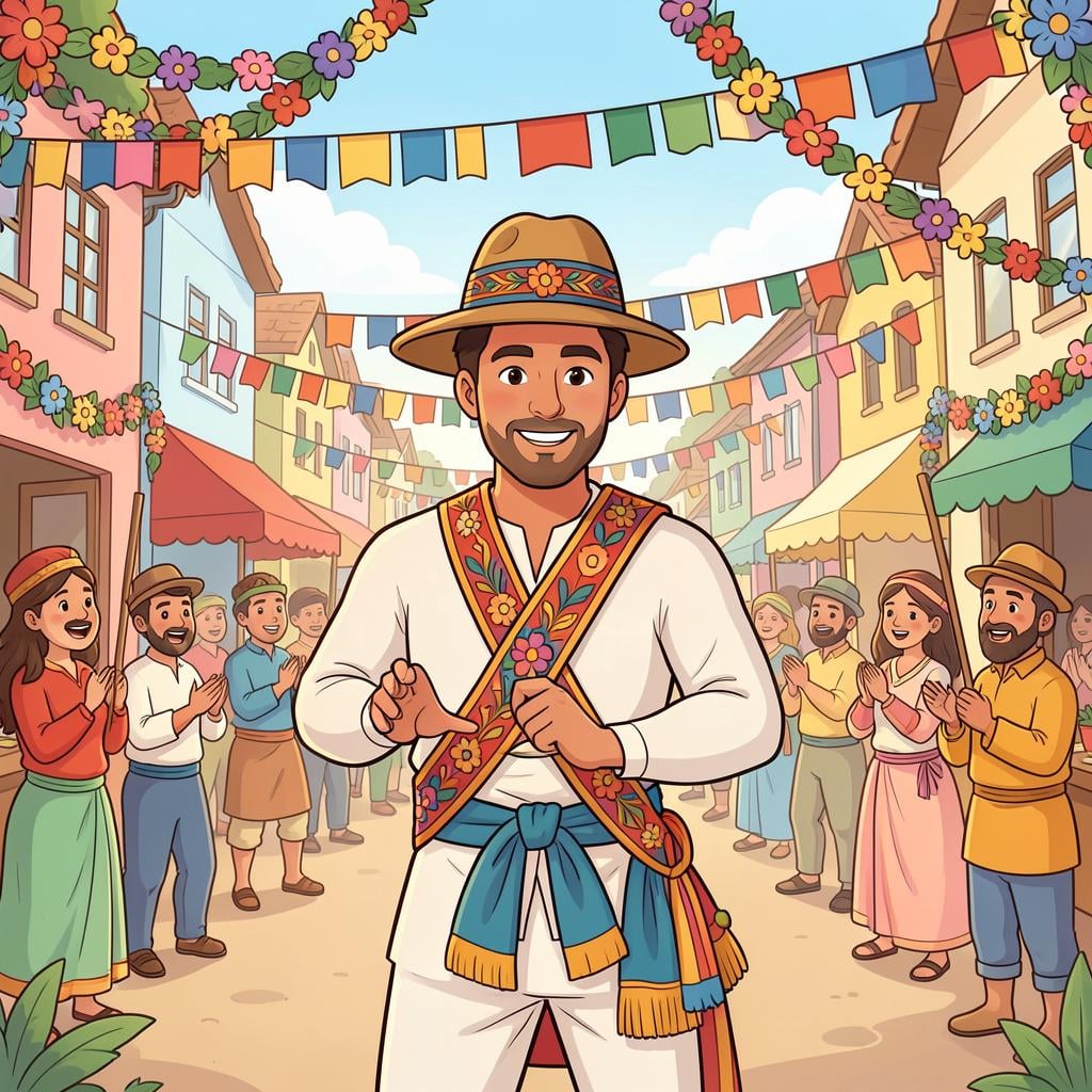 A man in traditional festive clothing leading a colorful parade.