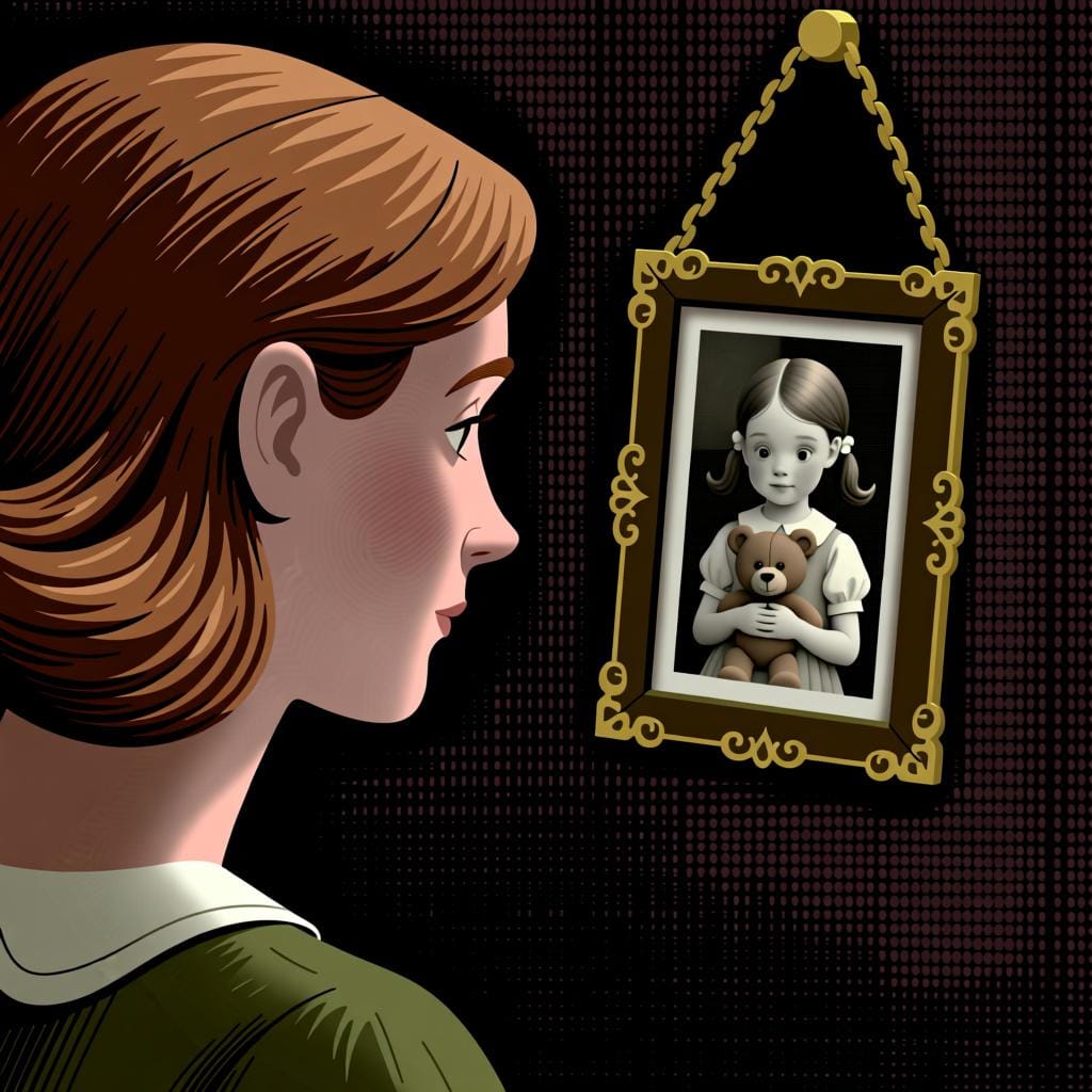 Uma mulher olhando com carinho para uma fotografia antiga e desbotada de si mesma quando criança.