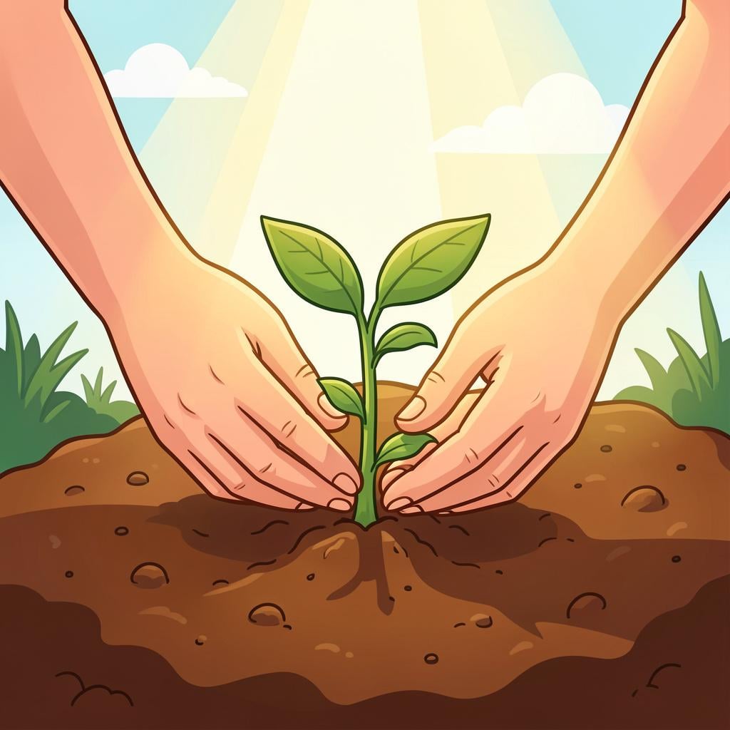 A person planting a small green sprout in fertile soil with care.