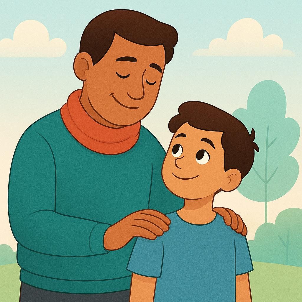 A simplified storybook scene showing one smiling figure placing a supportive hand on the shoulder of a smaller figure, who looks uplifted and encouraged.