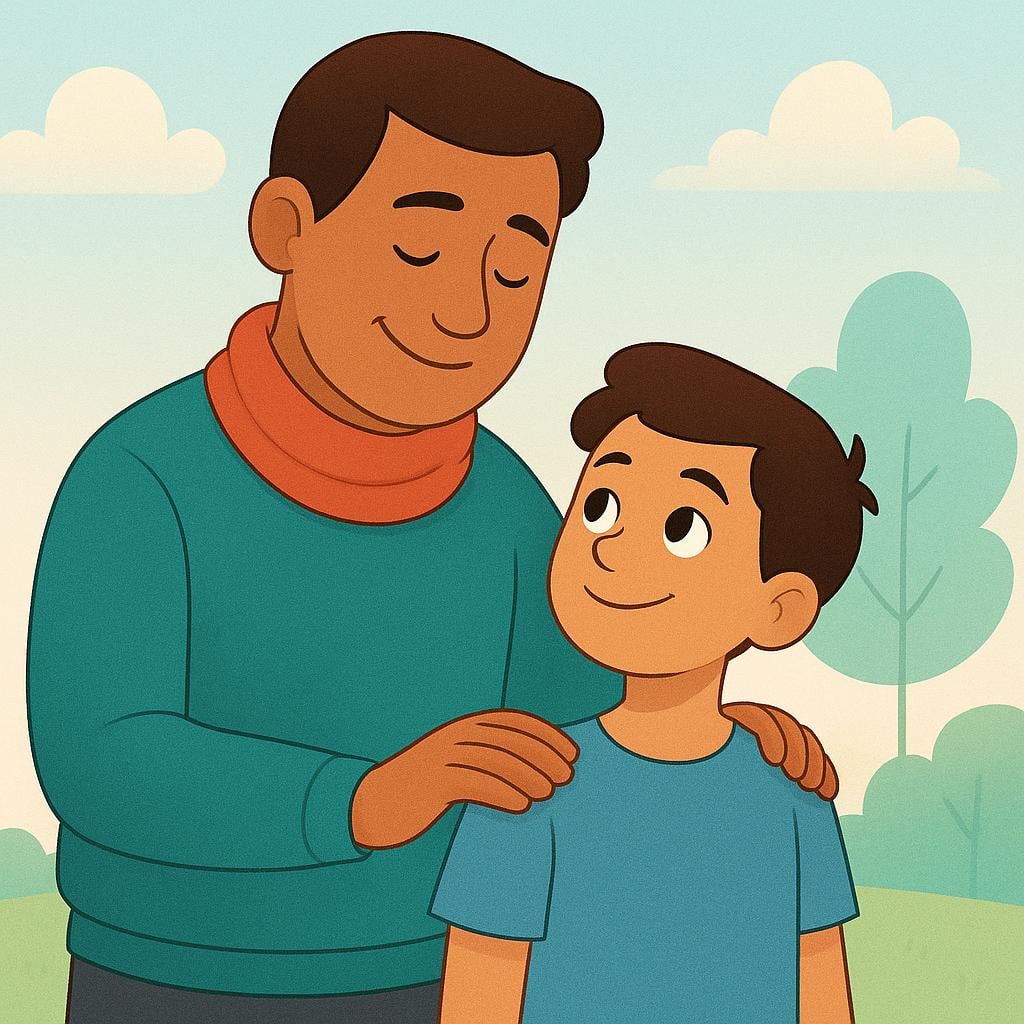 A simplified storybook scene showing one smiling figure placing a supportive hand on the shoulder of a smaller figure, who looks uplifted and encouraged.