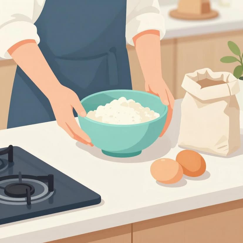 一人の人がきれいな木のテーブルの上に小麦粉、卵、ボウルなどの材料を並べている。