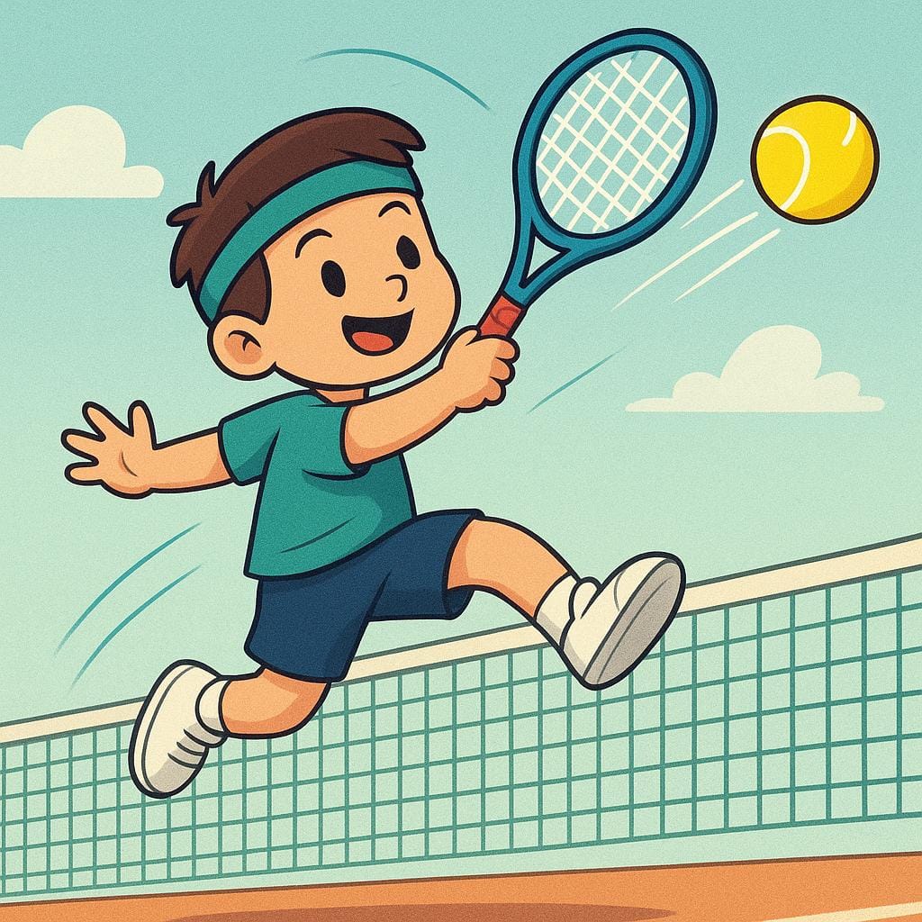 Une illustration stylisée d'un joueur de tennis sautant en l'air, frappant puissamment une balle de tennis jaune avec une raquette au-dessus d'un filet.