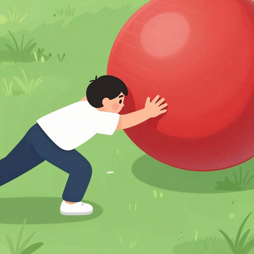 A person pushing a large colorful ball across a field.