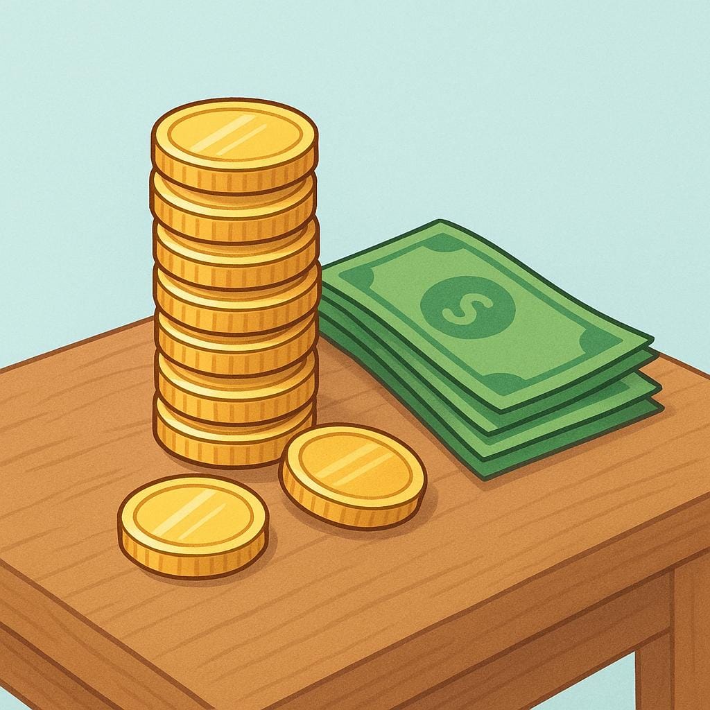 A tall, neat stack of assorted gold coins and green paper currency bills resting on a simple wooden surface.