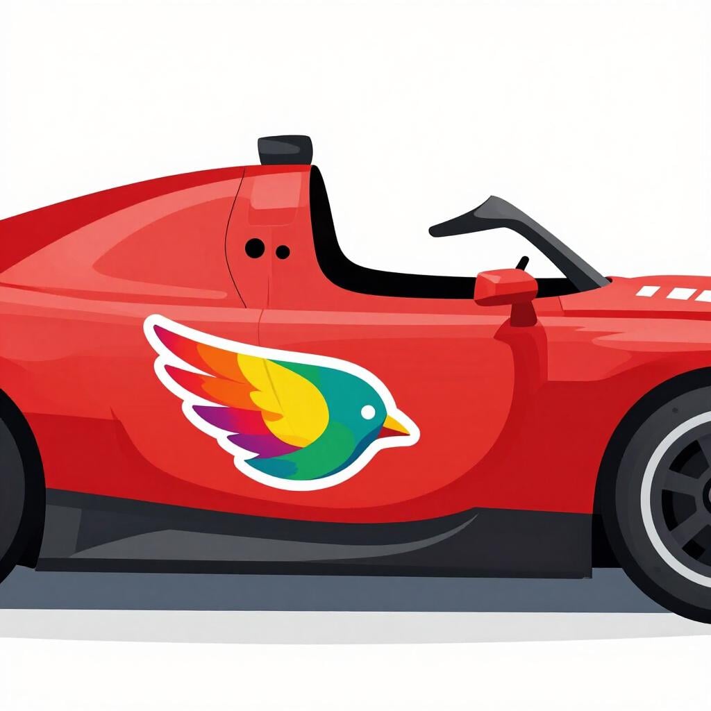 A logo of a small bird on the side of a racing car, representing a sponsoring brand.