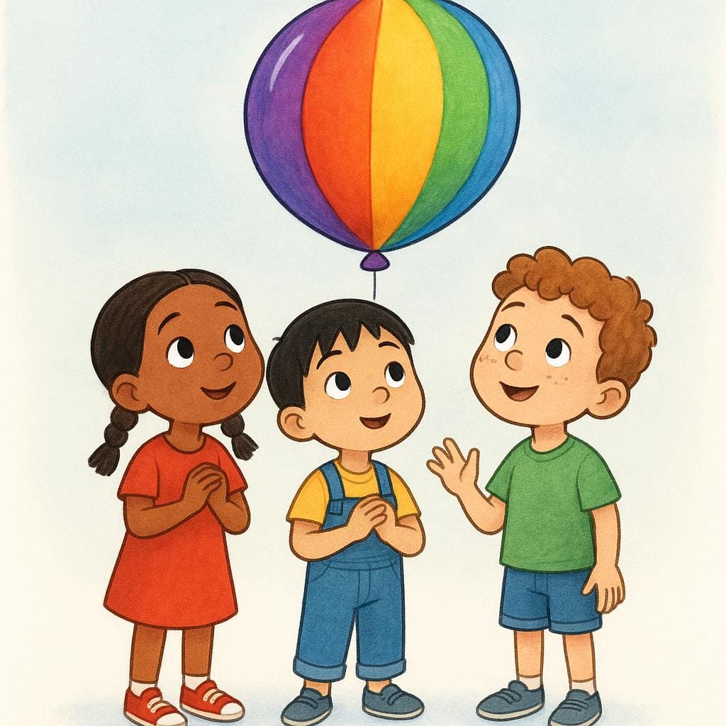 Trois petits enfants simples et caricaturaux se tiennent proches, levant les yeux avec des expressions de désir et d'espoir vers un seul grand ballon coloré flottant juste hors de leur portée.