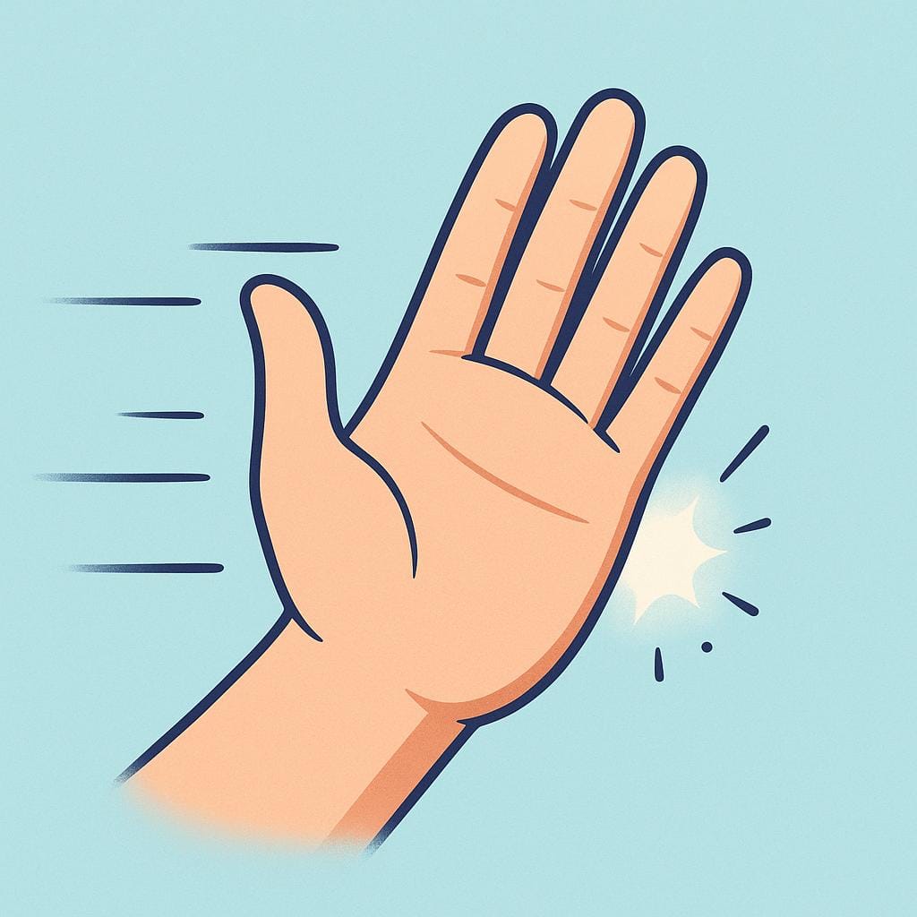 A stylized illustration showing a large open hand moving quickly and forcefully from the side, suggesting a striking or slapping motion.
