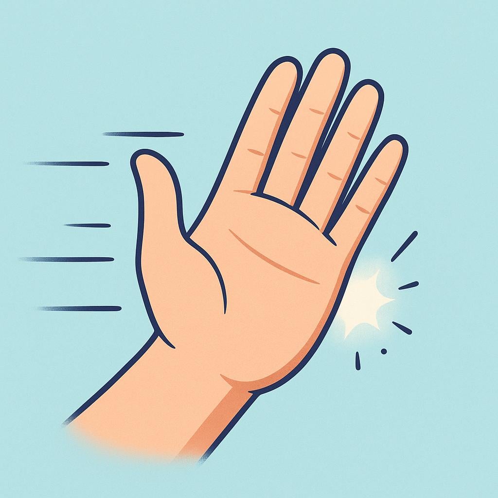 A stylized illustration showing a large open hand moving quickly and forcefully from the side, suggesting a striking or slapping motion.