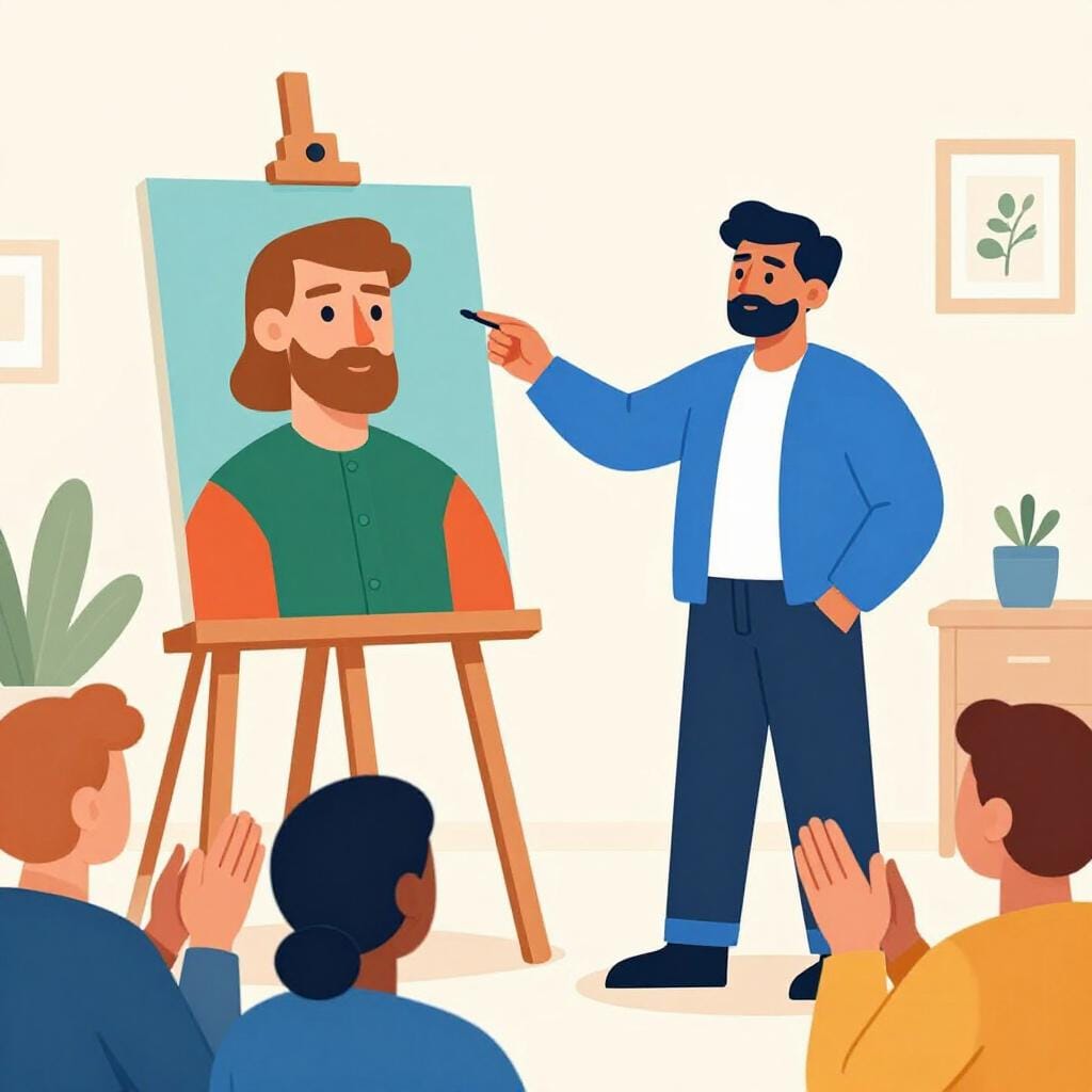 A celebrated artist standing next to a beautiful painting with a crowd of people clapping.