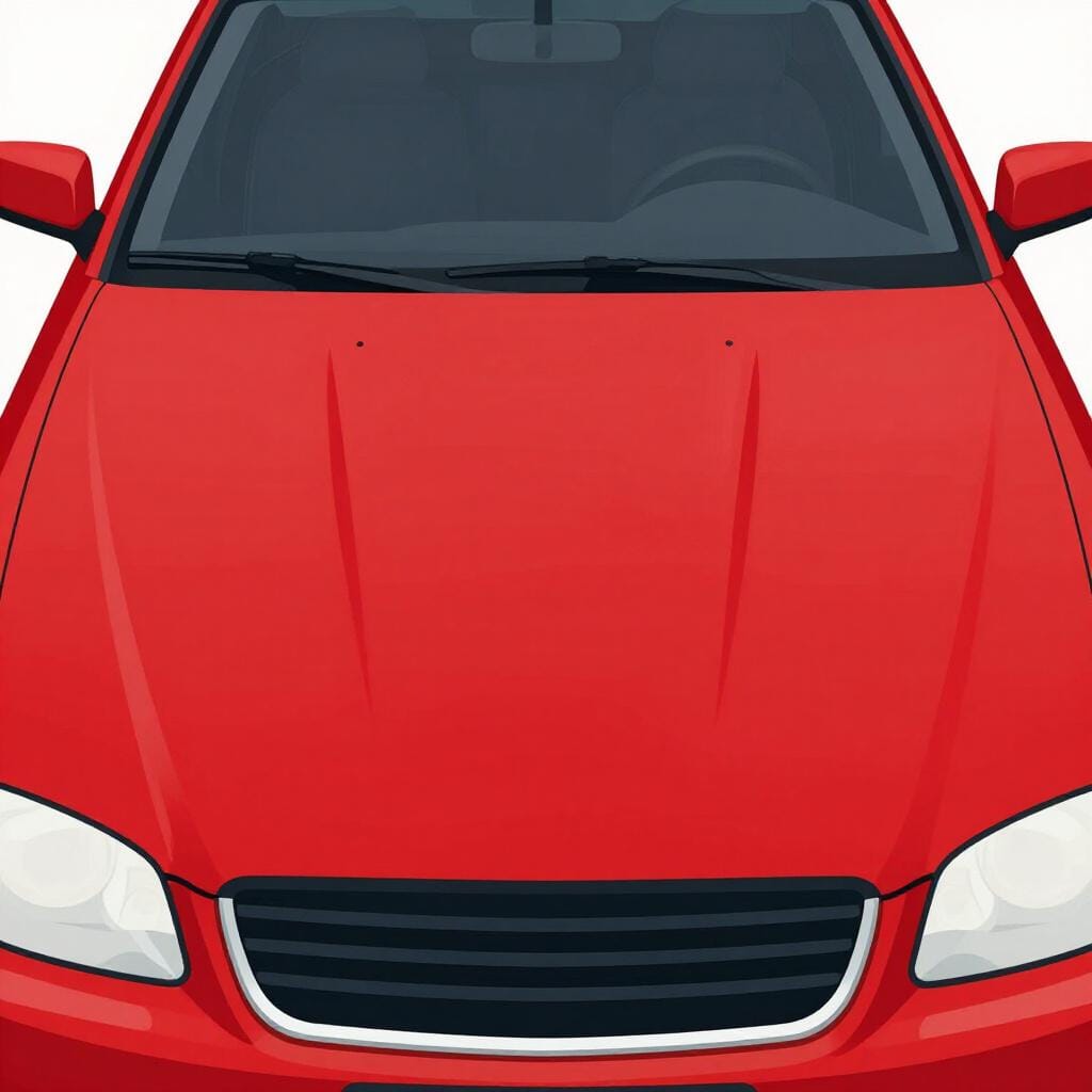 The front hood of a bright red car in a closed position.