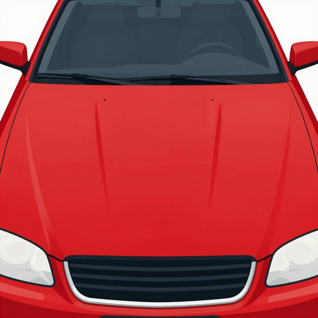 The front hood of a bright red car in a closed position.