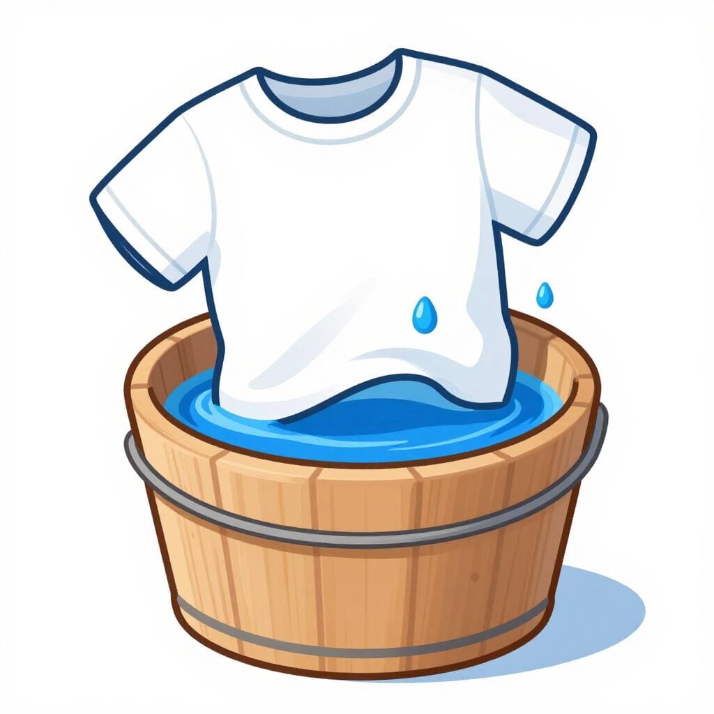 A white t-shirt being dipped into a bucket of bright blue liquid, showing the fabric changing color.