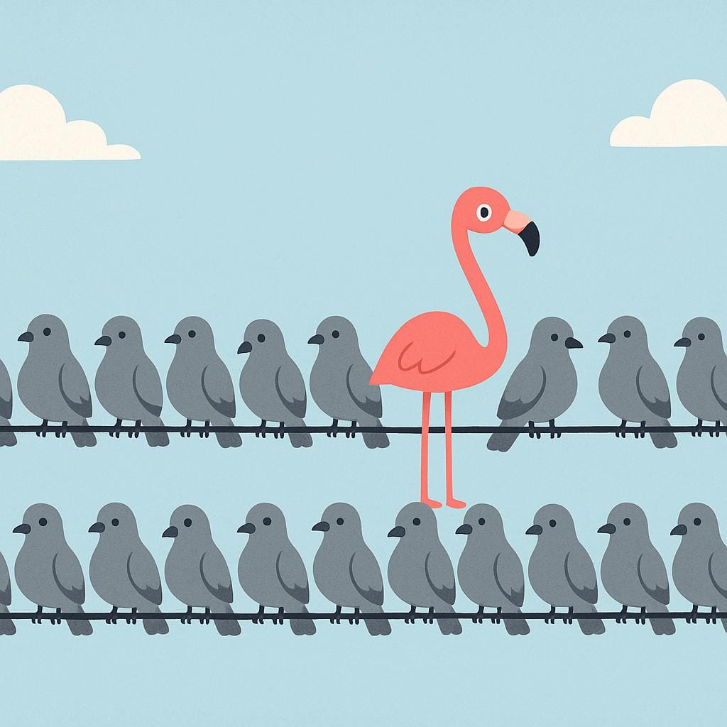 電線にとまっている多数の同じ灰色のハトの絵本風イラスト。その大きな群れの中に、それが稀であることを象徴する、鮮やかなピンクのフラミンゴが1羽だけいる。