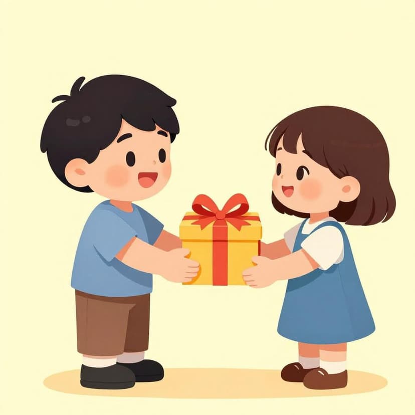 Ein Kind lächelt breit, als es von einem Freund ein buntes Geschenk erhält.