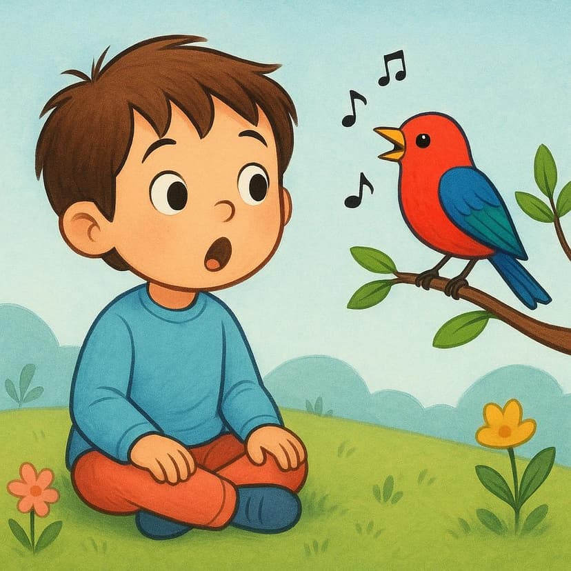 A simple drawing of a person with wide, attentive eyes and a focused expression, turning their head slightly toward a visible sound source like a ringing bell or a chirping bird, illustrating the act of perceiving sound.